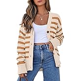 EVALESS Womens Striped Cardigan Sweaters Long Sleeve V Neck Lightweight Open Front Button Down Knit Cardigans