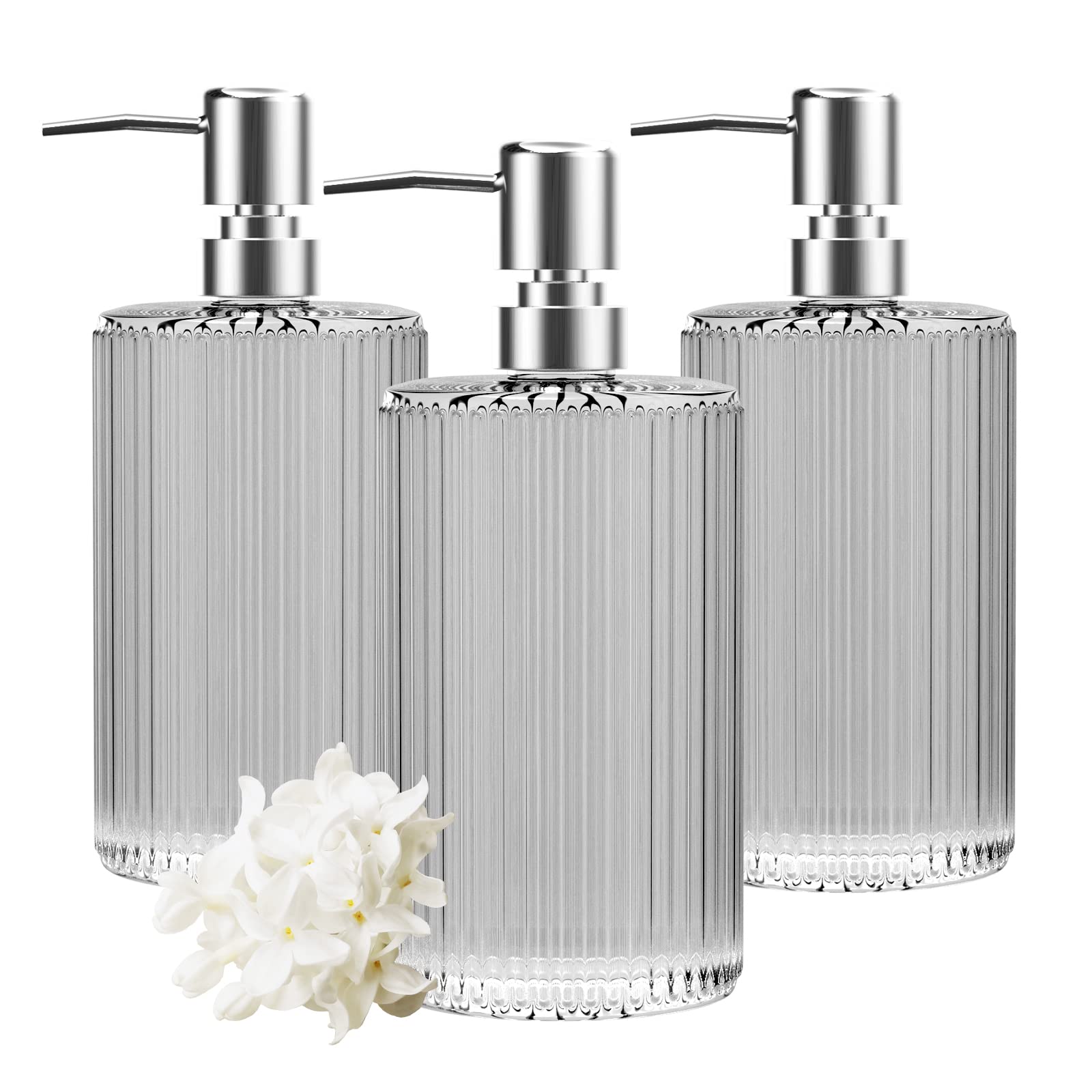 HIYAA 3 Pack Glass Soap Dispenser 17 Oz Versatile Lotion Liquid Soap Dish Dispenser Hand Soap Dispenser with Pump for Bathroom, Countertop, Kitchen, Laundry Room (Clear) (3P-Clear)