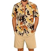 LecGee Men's 2 Piece Hawaiian Short Set Floral Button Down Shirt and Beach Shorts Summer Vacation Outfits for Men