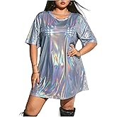 Floerns Women's Plus Size Metallic T Shirt Dress Streetwear Half Sleeve Tunic Short Dresses