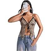 Verdusa Women's Leopard Asymmetrical Camisole Top Y2K Ruffle Hem Tie Lettuce Trim Going Out Tops