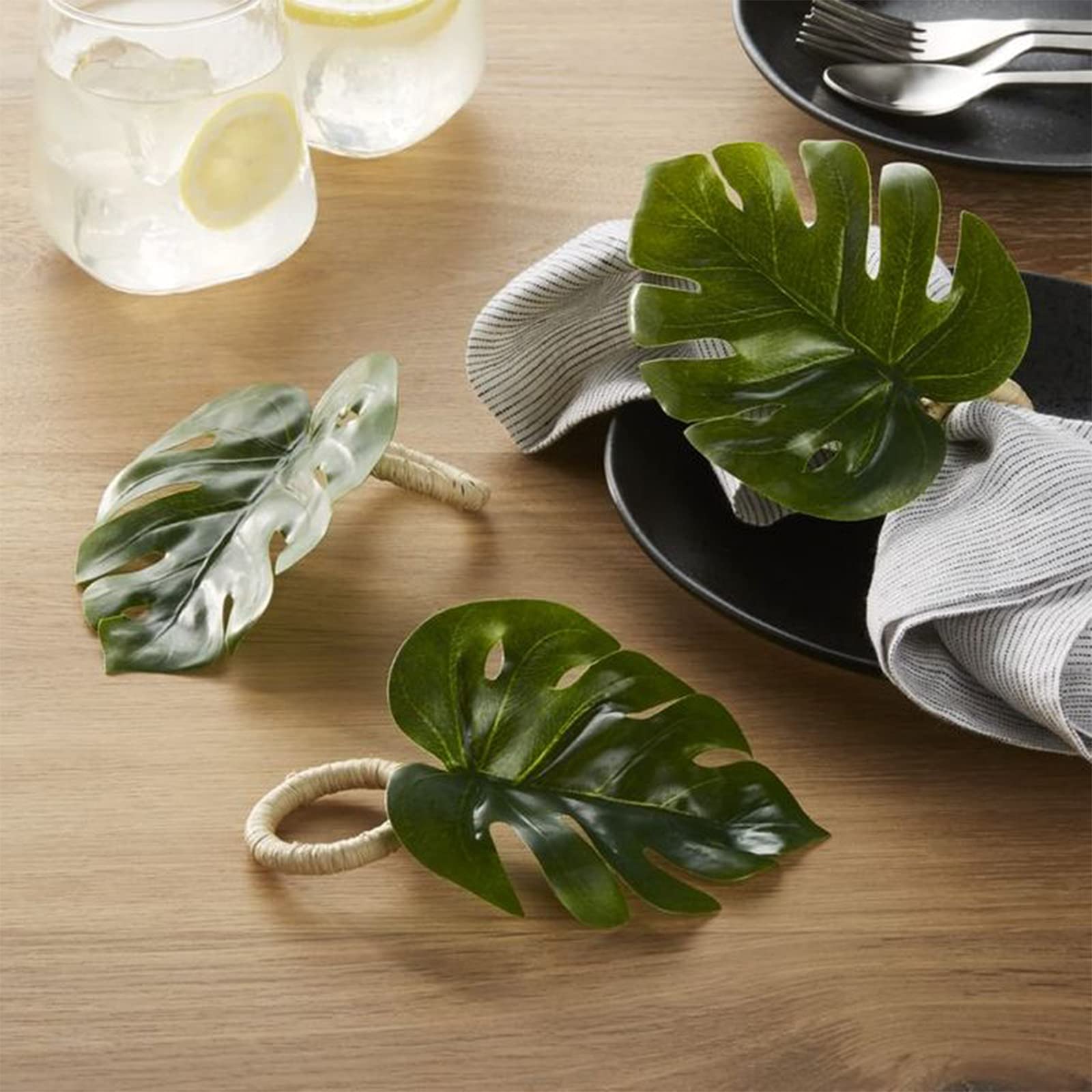 wonlex Handmade Monstera Napkin Rings Set of 4, Faux Palm Tree Napkin Ring, Large Green Leaf Serviette Buckles Holder for Table Setting, Wedding, Thanksgiving Day and Daily Use (Monstera)