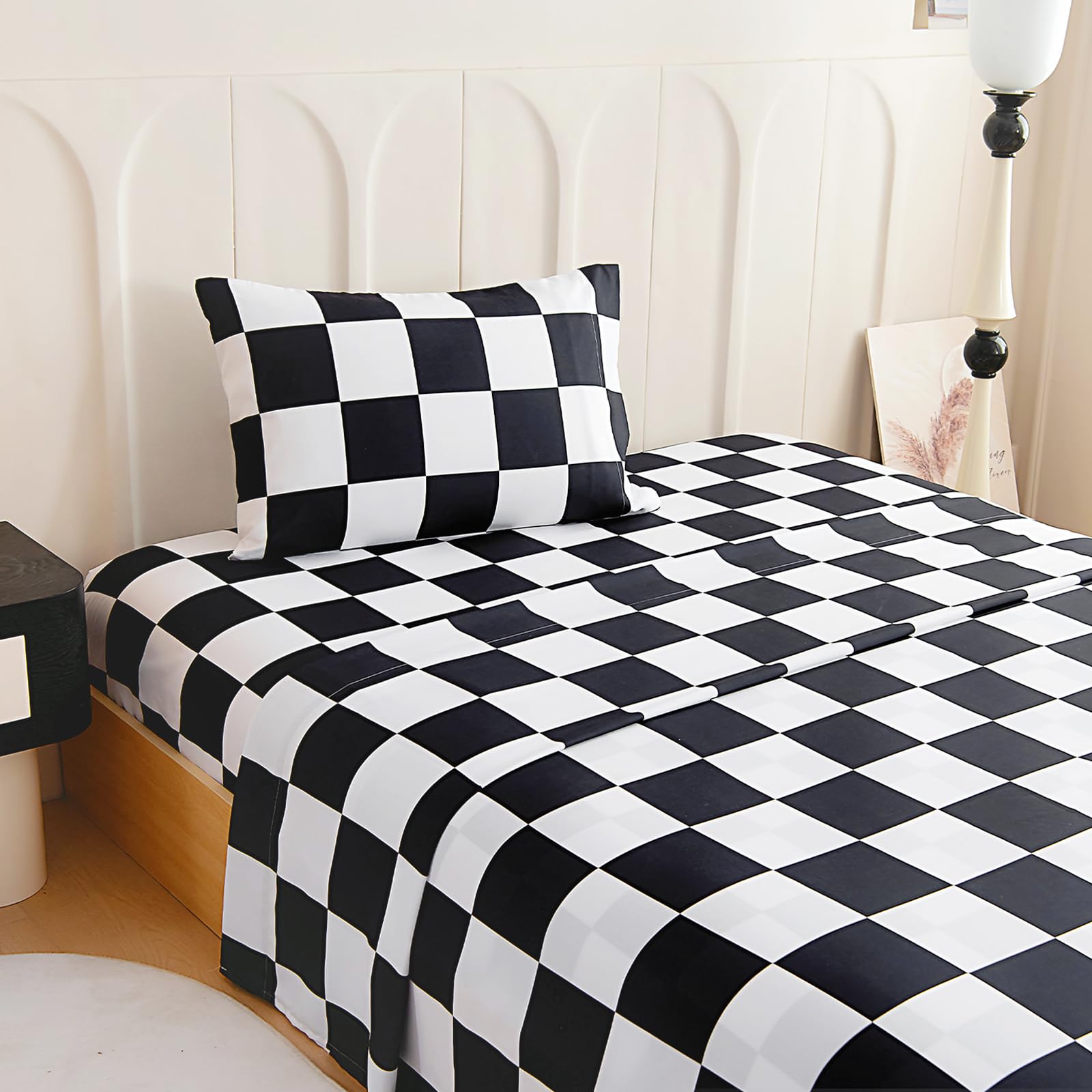 Homilay Twin Sheet Set Kids - Black&White Plaid 3 Pieces Soft Microfiber Cartoon Style Bedsheets for Boys Girls Teens, Oeko TEX Breathable 15 Inch Deep Pocket Sheets(Chequered Flag)