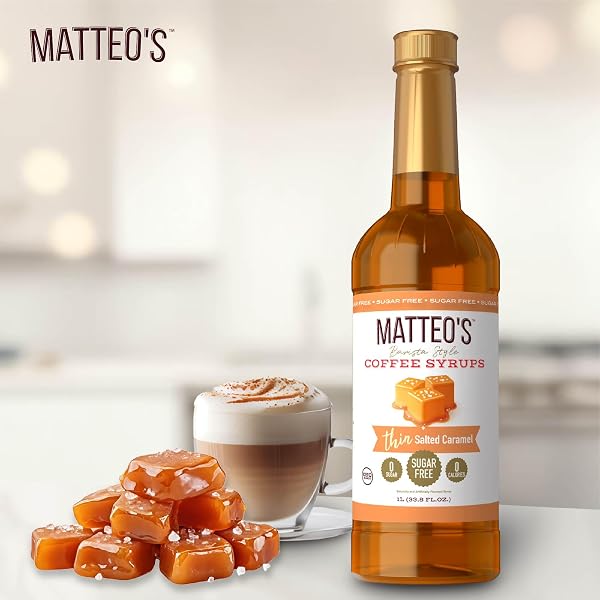MATTEO’S SALTED CARAMEL SYRUP FOR COFFEE, LATTES, CAPPUCCINOS & DESSERTS – SUGAR-FREE SWEETENER FOR BEVERAGES, KETO FRIENDLY, ZERO CALORIES, INDULGENT FLAVOR, NON-ALCOHOLIC, 33.8OZ (1PK)