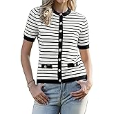 Allegra K Striped Cardigan for Women's Short Sleeve Button Down Knitted Sweater Casual Crew Neck Tops