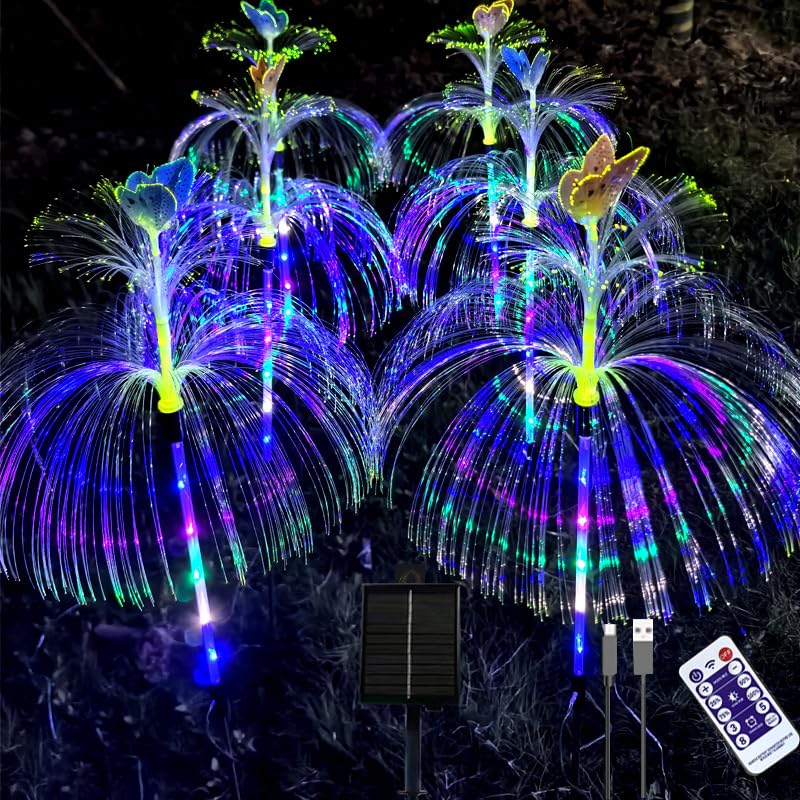YZYOE 6 Pack LED Outdoor Solar Powered Double-Layer Butterfly Jellyfish Lights with Remote Control, Waterproof Solar Powered Courtyard Atmosphere Decorative Lights, Multi-Color Landscape Trail Light.
