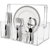 Acrylic Utensil Caddy &amp; Silverware Holder, Adjustable Handle, 4-Compartment | Compatible with Cutlery, Plate, Cup, Napkin, Snack, Crafts, Cutlery Caddy for Family Celebration, Holiday Party, Small Buffet
