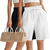 Locoowai 2 Pack Women's Linen Bermuda Shorts High Waist Wide Leg Summer Drawstring Mid Length Shorts with Pockets