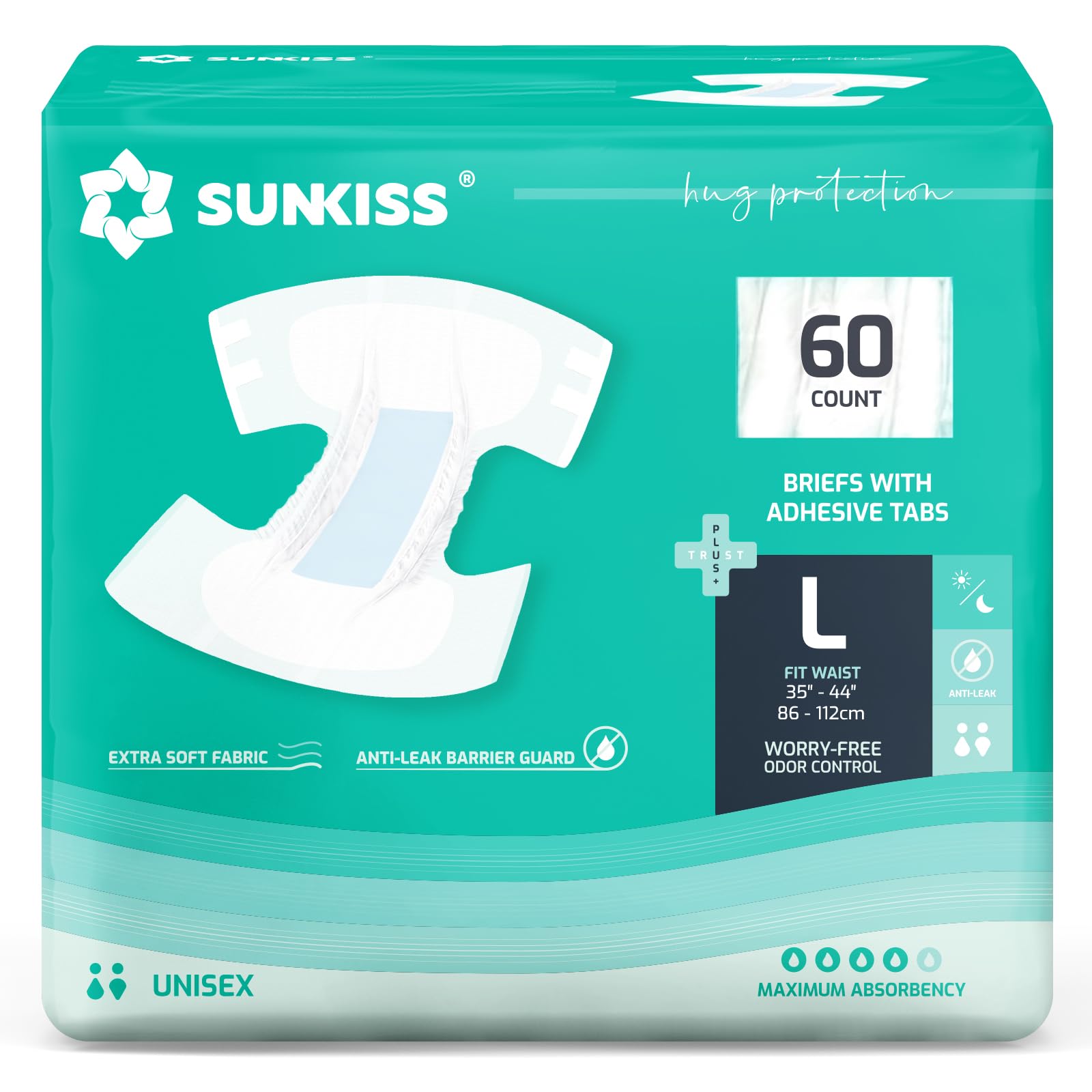 Photo 1 of SUNKISS TrustPlus Adult Diapers with Maximum Absorbency, Disposable Incontinence Briefs with Tabs for Men and Women, Large, 60 Count (4 Packs of 15)