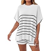 Fisoew Women's Striped 2 Piece Outfits Oversized Batwing Short Sleeve Tops High Waisted Shorts Summer Knit Lounge Short Sets