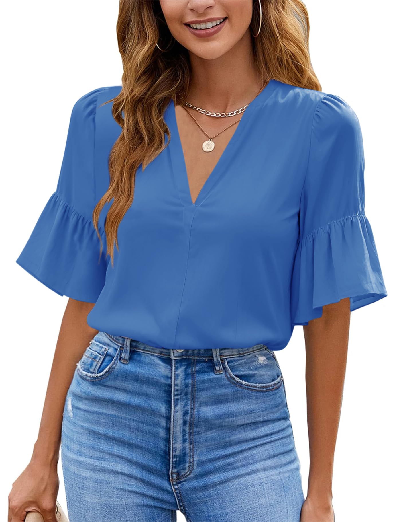 Photo 1 of Bingerlily Womens Summer V Neck Blouses Tops Chiffon Ruffle Short Sleeve Shirs Blue XL