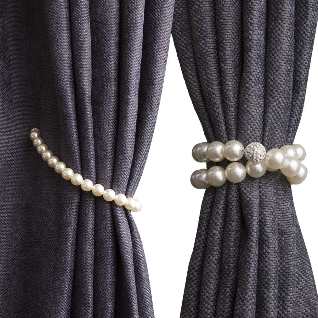 Valea Home Magnetic Curtain Tiebacks Decorative Pearl Bead Curtain Holdbacks Clips Elegant Window Draperies Rope Ties, Ivory White, Set of 2