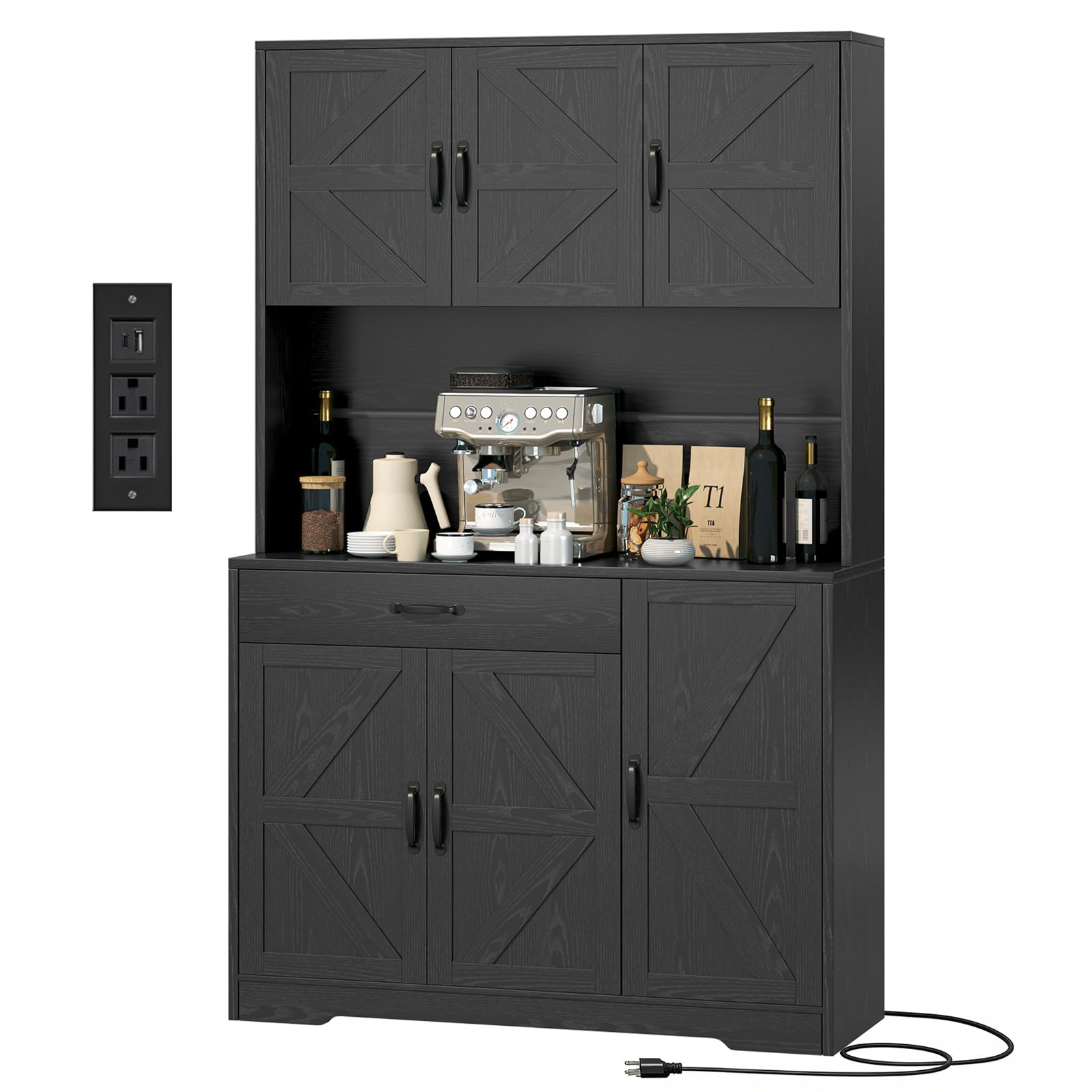 GRUSIGN 71" Pantry Cabinet with Charging Station, Large Capacity Kitchen Hutch Storage Cabinet, Kitchen Cabinet with Microwave Stand, Storage Drawers & Adjustable Shelves for Dining Room, Black