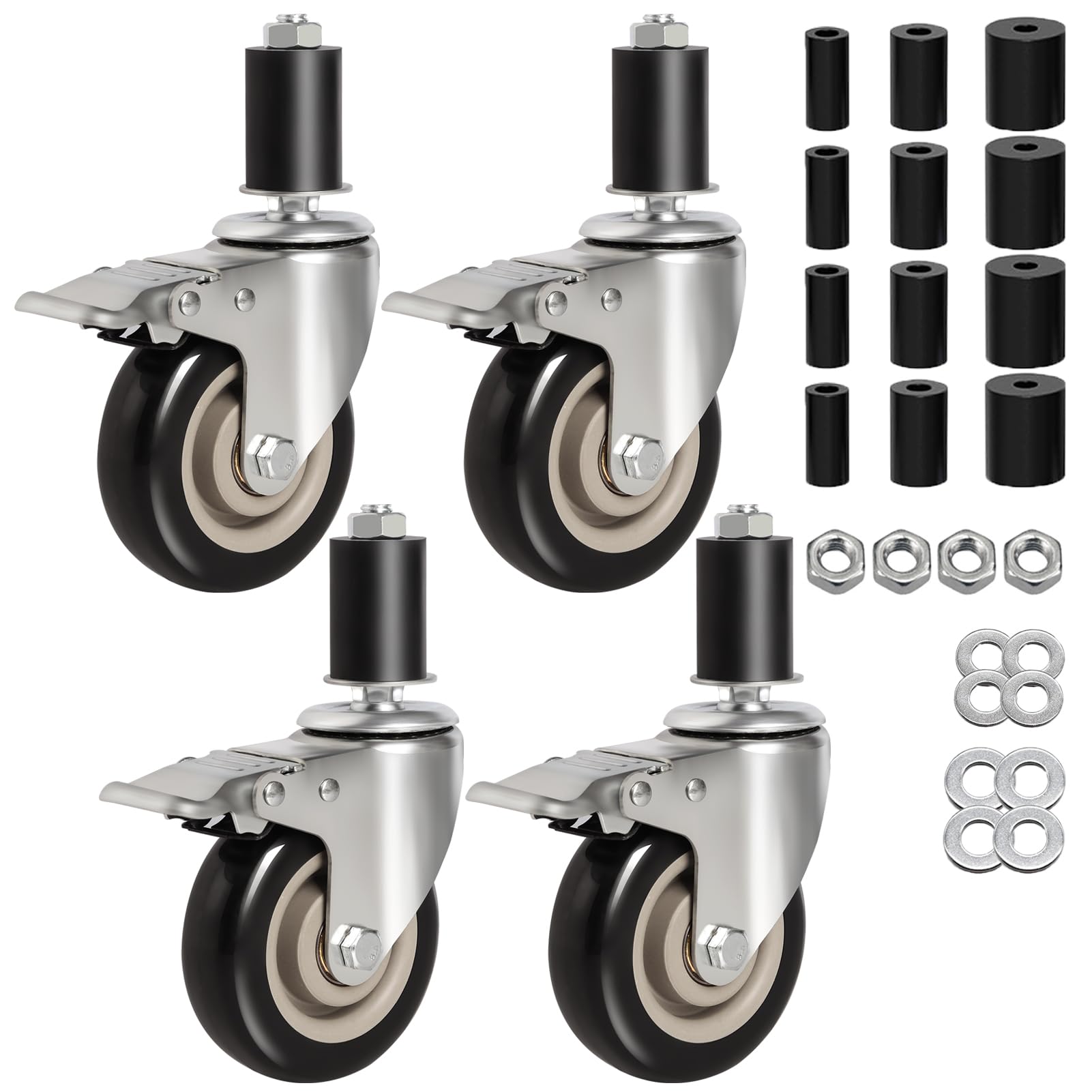 Photo 1 of 4-Inch Heavy-Duty Expanding Stem Casters with Brake - Prep Table Casters Set of 4, Fit 7/8" to 1-5/8" ID Tube Pipe Legs for Stainless Steel Table, Equipment Stand, Carts, Shelving Racks
