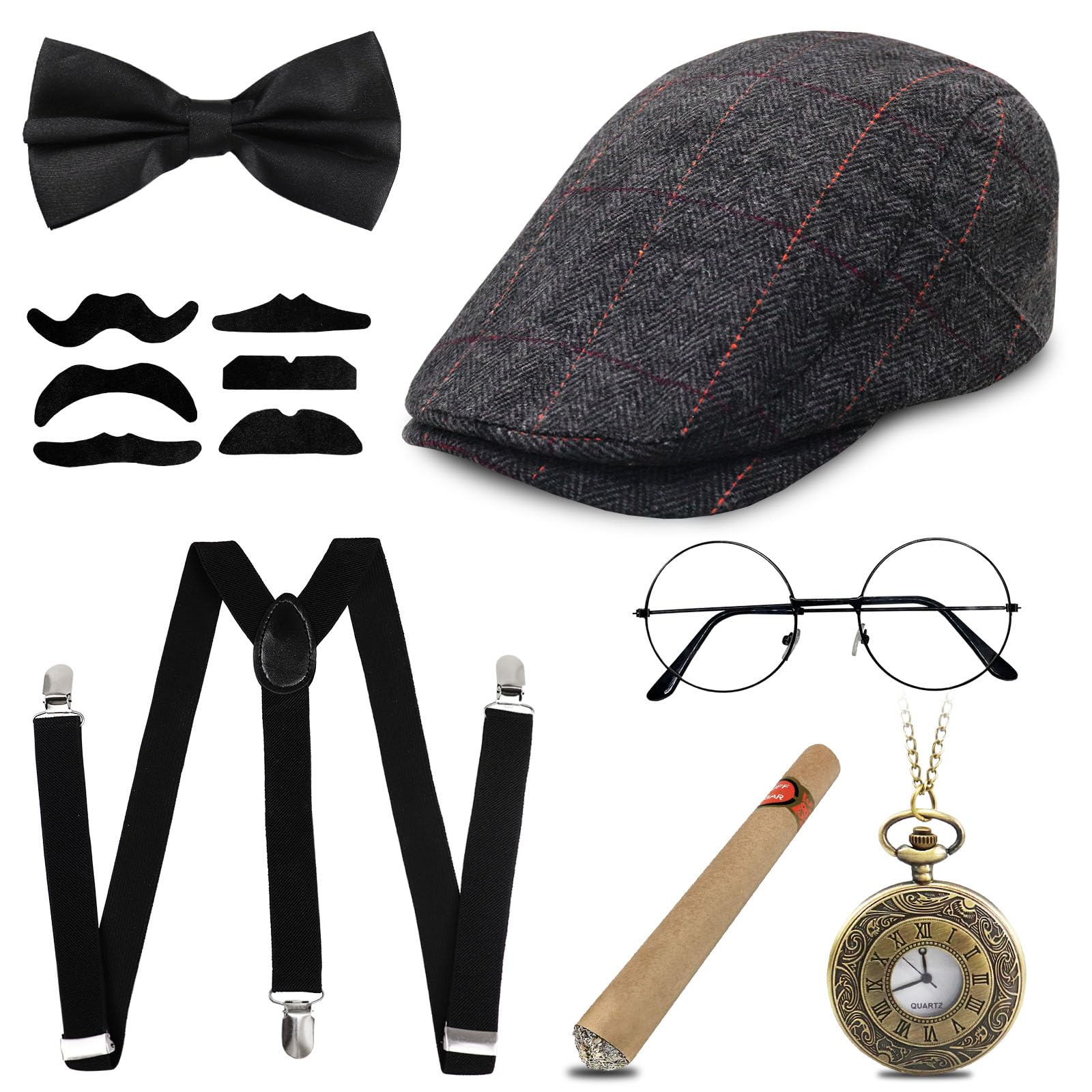 Grantop 1920s Gatsby Costume for Men,1920s Men Fancy Dress Accessories Set,Retro Gangster Costume Kit with Panama Hat Elastic Suspenders Mustache Pocket Watch Ciga (Style-5)