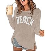 COZYEASE Women's Beach Cover Up Letter Print Long Sleeve Sweater Crew Neck Split Hem Crochet Jumper Top