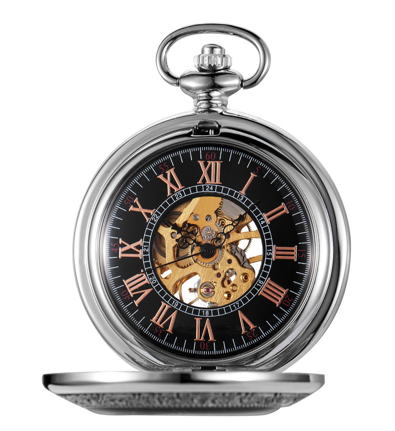 Carrie Hughes Mens Lucky Dragon Mechanical Pocket Watch with Chain Skeleton Roman Numberals and Box CHPW3