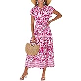 GRACE KARIN Women's Floral Boho Dress Hawaiian Dresse Short Sleeve V Neck Summer Beach Wedding Guest Swing Maxi Sundress