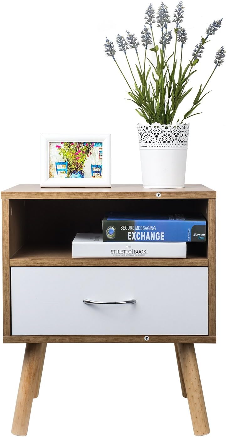 Tophomer Bedside Cabinet Contemporary Style White Drawer Oak Side Table Cupboard Nightstand 4 Pine Legs Chest Bedroom Living Room Hallway Amazon Co Uk Kitchen Home