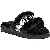 Juicy Couture Women's Luxe Faux Fur Slide Slippers with Embellished Strap, Cozy Indoor/Outdoor Fuzzy Slip-On Sandals