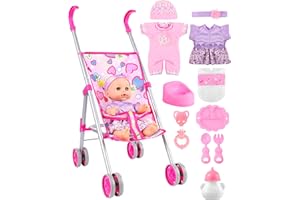 GAGAKU Baby Doll Stroller Playset with 12-inch Doll & Accessories, Foldable Lightweight Toy Stroller for Toddler Girls Kids A