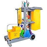 Berry Commercial Janitorial Cart with 3 Tier Shelves Professional Cleaning Trolley with Rubbish Bag with Mop Mount for Hotel,