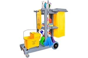 Berry Commercial Janitorial Cart with 3 Tier Shelves Professional Cleaning Trolley with Rubbish Bag with Mop Mount for Hotel,