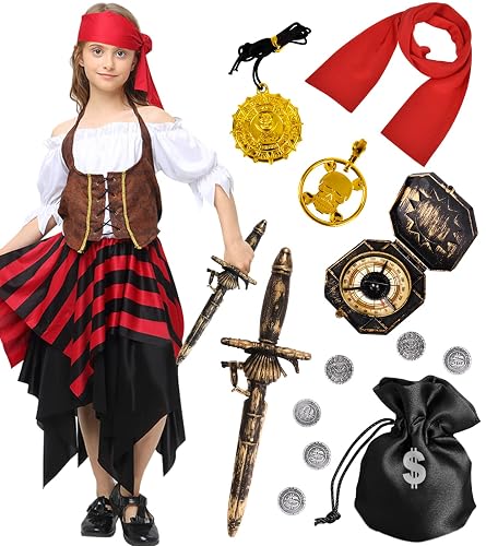 Girls Pirate Costume For 5-6 Years – Medium Size Fancy Dress Set With Top, Skirt, And Hat