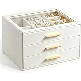 GUOER Jewelry Box for Women, Glass Lid Jewelry Organizer with 3 Drawers PU Jewelry Storage Case for Necklaces Rings Earrings Bracelets, Mother's Day, White