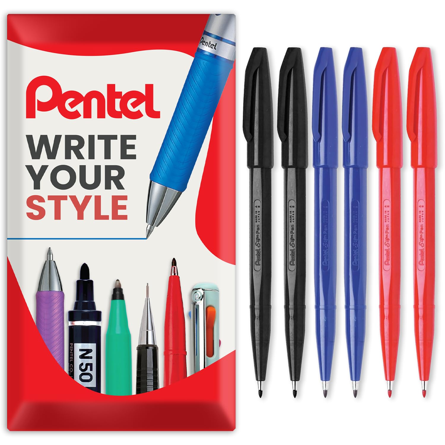 Pentel S520 Original Sign Pen Fibre Tip Marker Fineliner Pens - 2mm Nib, 1mm Line - In Envelope Gift Packaging (Essential Pack of 6)