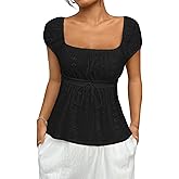 SHENHE Women's Babydoll Top Y2K Empire Waist Short Sleeve Hollow Out Lace Going Out Top Summer Tshirt