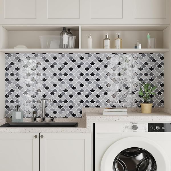 CRE8TIVE 16 SHEETS FISH SCALE PEEL AND STICK TILE BACKSPLASH BLACK GREY PEEL AND STICK BACKSPLASH FOR KITCHEN BATHROOM STICK ON BACKSPLASH FOR KITCHEN WATERPROOF SHELL WALL TILES FOR FIREPLACE 12″X12″
