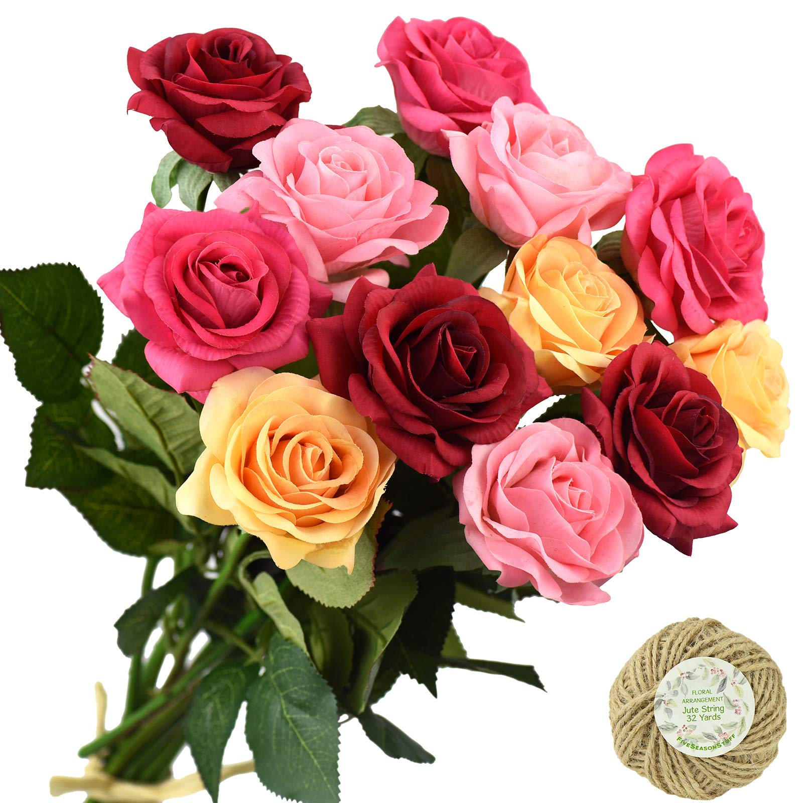 FiveSeasonStuff Fake Roses Wedding Flowers Real Touch Silk Medley Rose