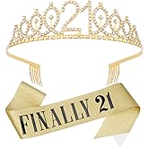 KICOSY 21st Birthday Crowns and Sash for Women, Princess Tiara Sash Set Elegant Gold Crown with Combs for Girls 21st Birthday Decorations for Her Party Hair Accessories Gifts