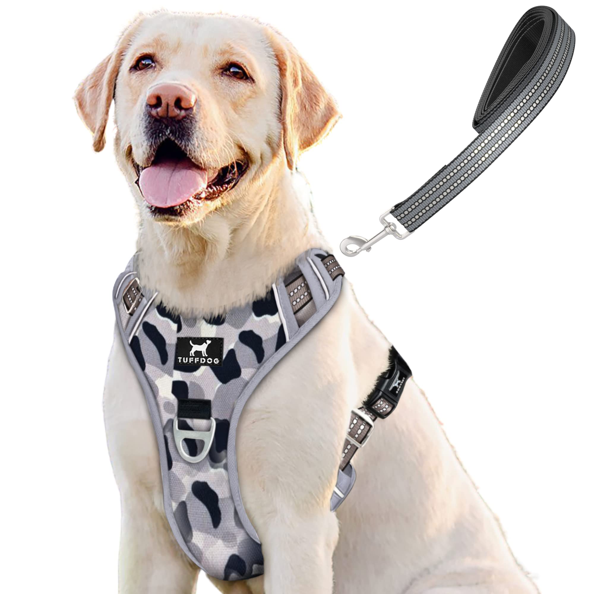 TUFFDOG Easy-Fit Dog Harness - Fast Release Neck Clip, Premium Padded Reflective No Pull Harness with Control Handle. Adjustable Step-in Dog Vest Plus Free Matching Lead (XL, Urban Camo)