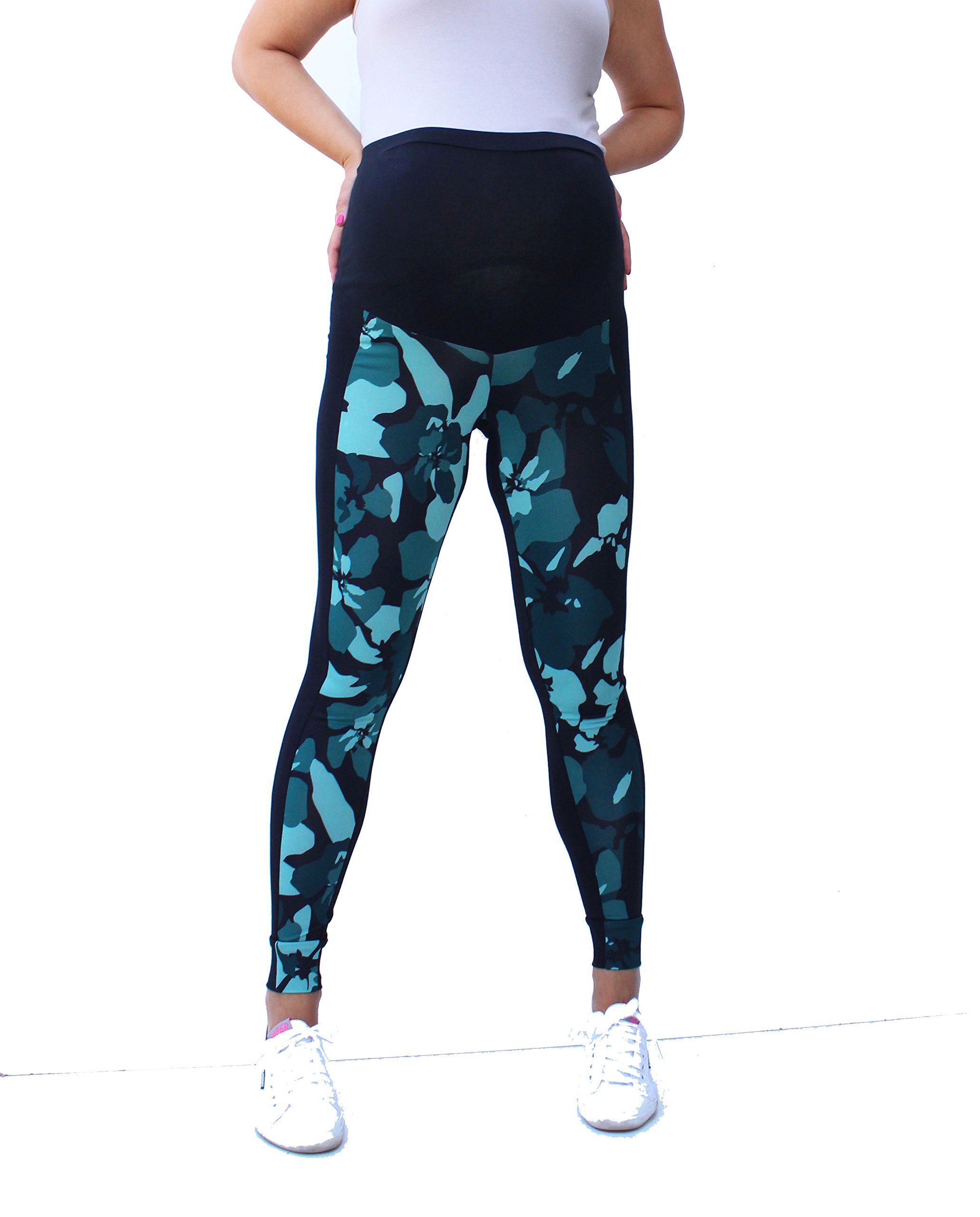 Maternity Zigzag Leggings Over Bump, Multicoloured Print Leggings, No See Through Maternity Leggings, Chevron Print, Pregnancy Yoga Wear (M, Military Green)