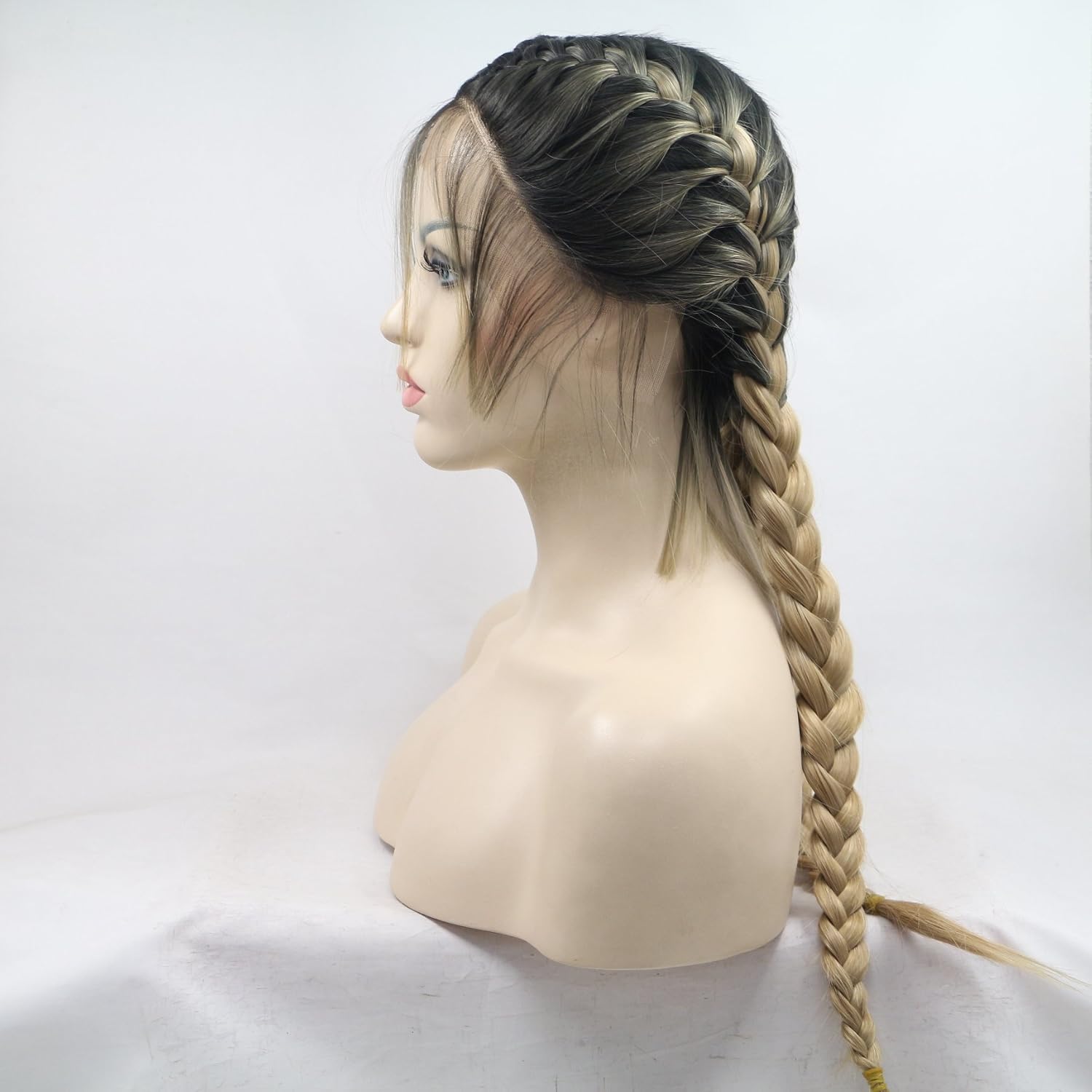 xiweiya blonde with brown root Double Braids Synthetic Lace Front Wig add Human Weaving Part with Baby Hair Wig Heat Resistant Fiber Middle Part 24 inch - Image 3