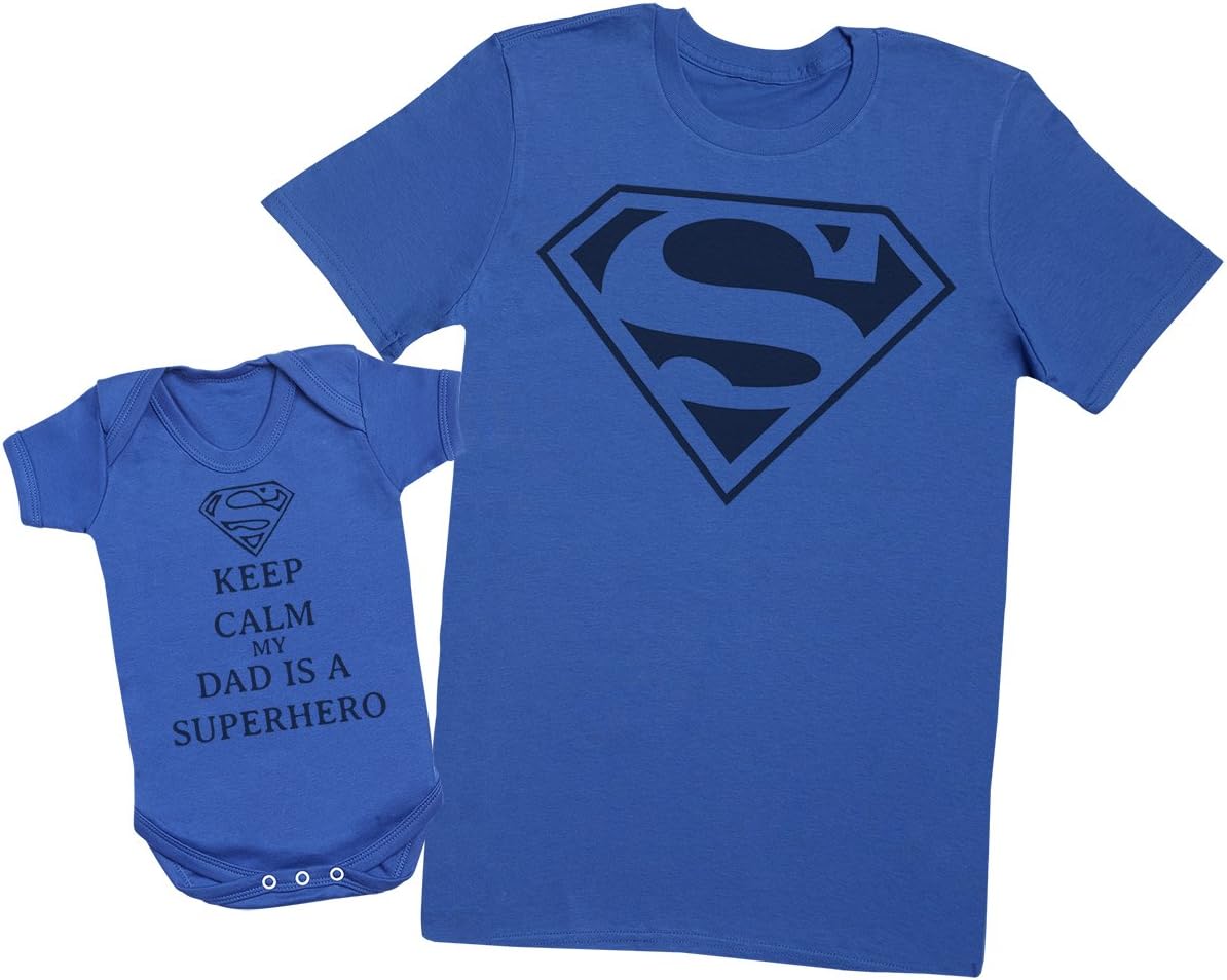 Keep Calm Dad is A Super Hero - Matching Father Baby Gift Set - Mens T Shirt & Baby Bodysuit - Blue - Small & 0-3 Months