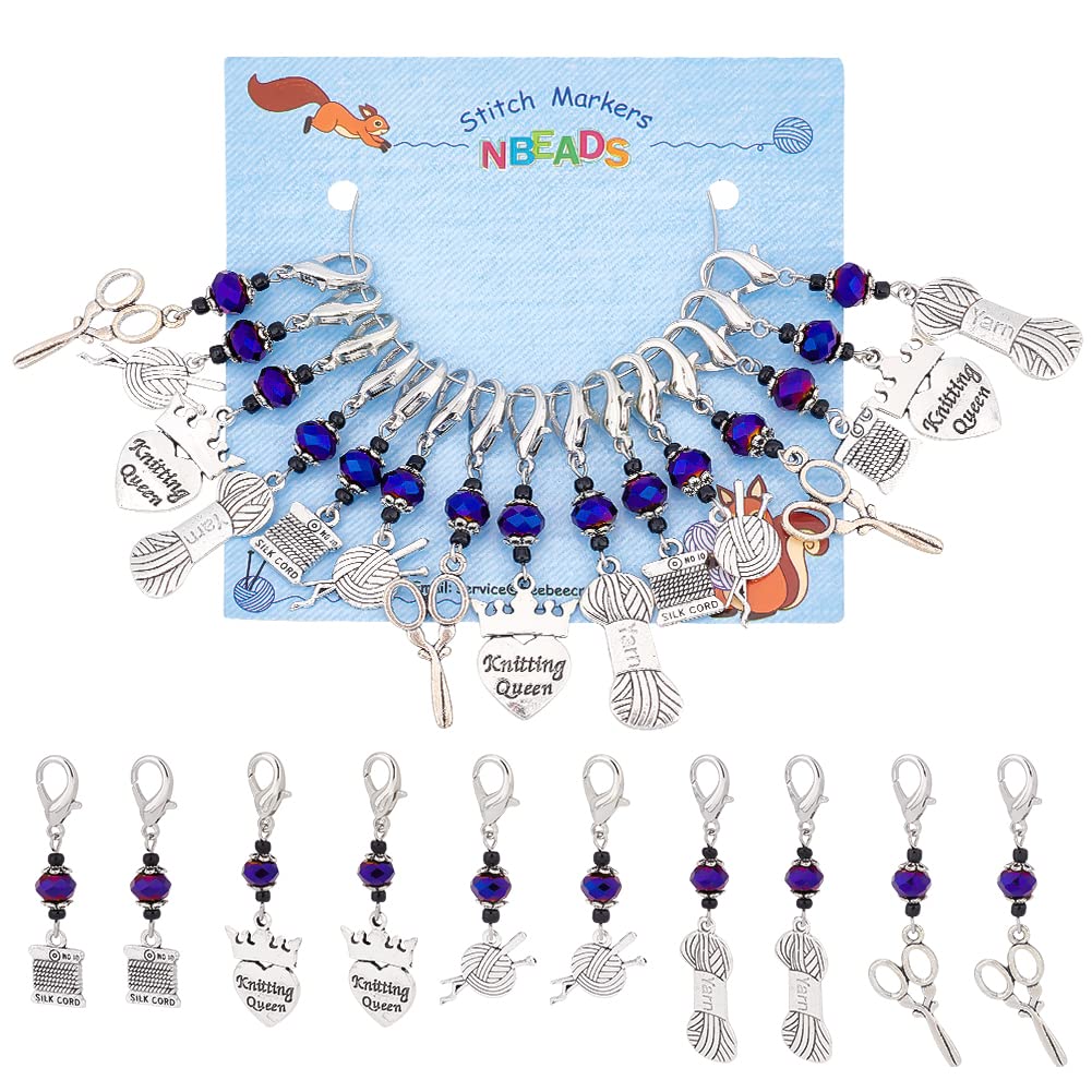 NBEADS 15 Pcs Knitting Theme Stitch Markers, 5 Styles Alloy Crochet Stitch Marker Charms Removable Lobster Clasp Locking Stitch Marker for Knitting Weaving Sewing Accessories Handmade Jewelry