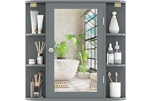 COSTWAY Wall Mounted Bathroom Cabinet - Storage Cabinet with Mirror Door & Adjustable Shelves, Space-Saving Medicine Storage 