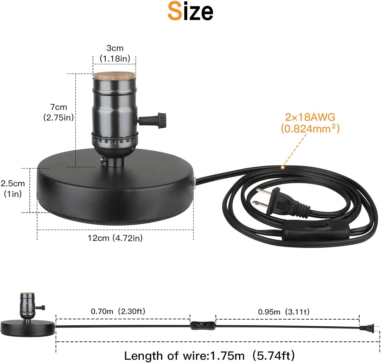 Vintage Table Lamp Base, Lamp Base Without Shade, E26 E27 Short Edison Light Bulb Stand, Small Simple Exposed Lamp Base, with Plug in 5.8ft Cord On/Off Switch Mini Industrial Basic Lamp (Gloss Black) - - 