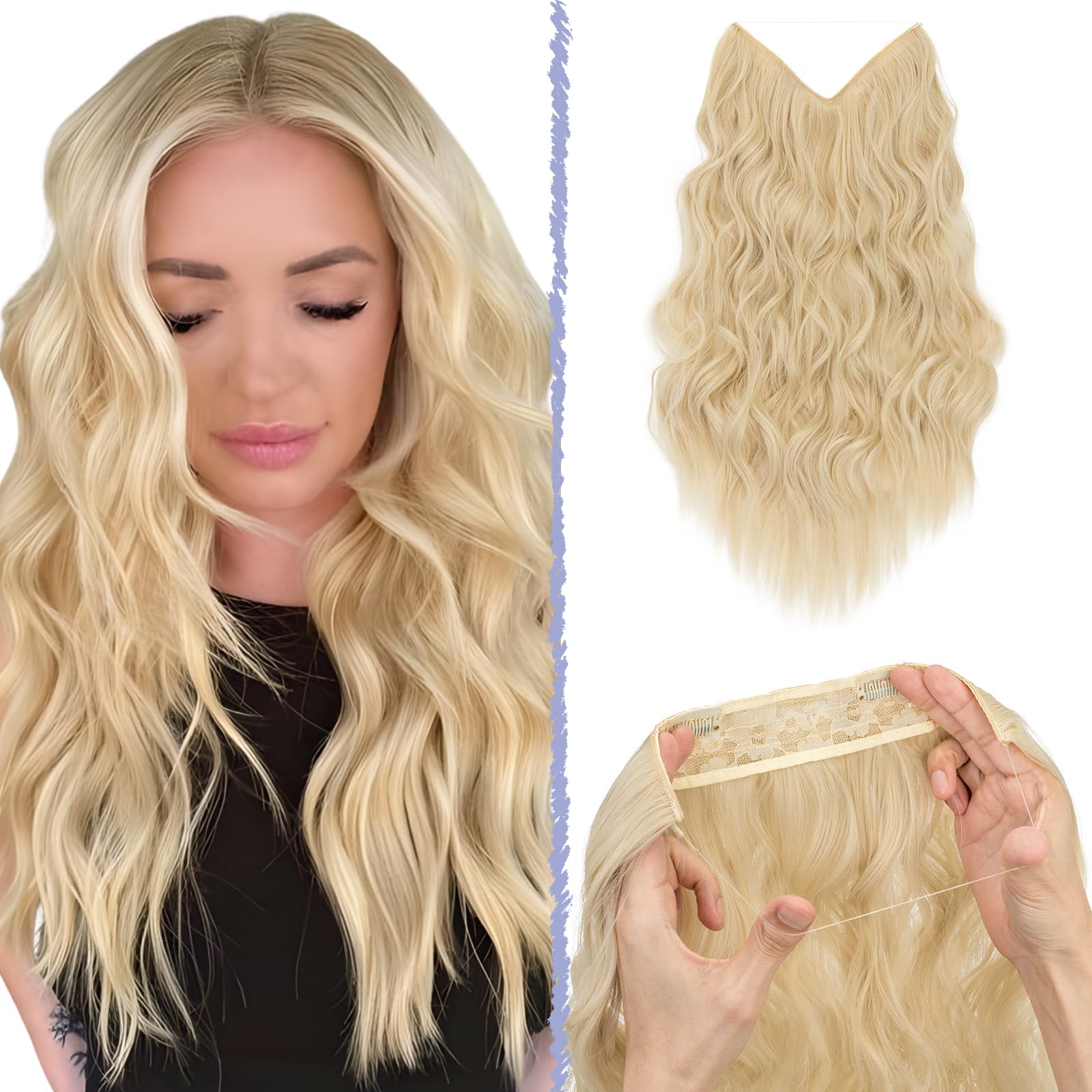TESS Secret Wire Hair Extension Wavy Invisible One Piece Synthetic Hair Extensions Curly Full Thick Long Adjustable Hairpieces for Women (Caramel Brown Mixeded Ash Blonde, 16 Inch) — image 1