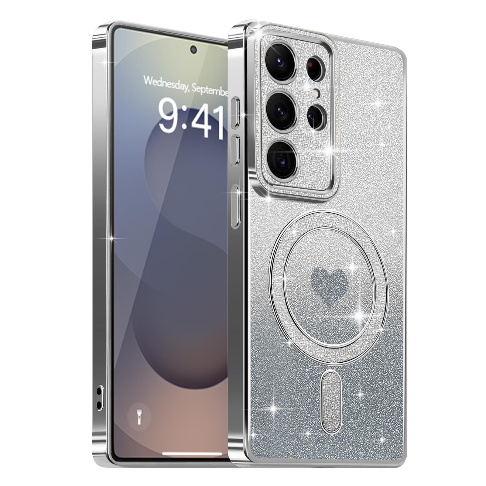 Lafunda Magnetic for Samsung Galaxy S25 Ultra Case Glitter, Cute Love Heart Plated Luxury Sparkle Bling Clear Cover for Women Girls Camera Protection Shockproof Phone Case for Galaxy S25 Ultra, Silver