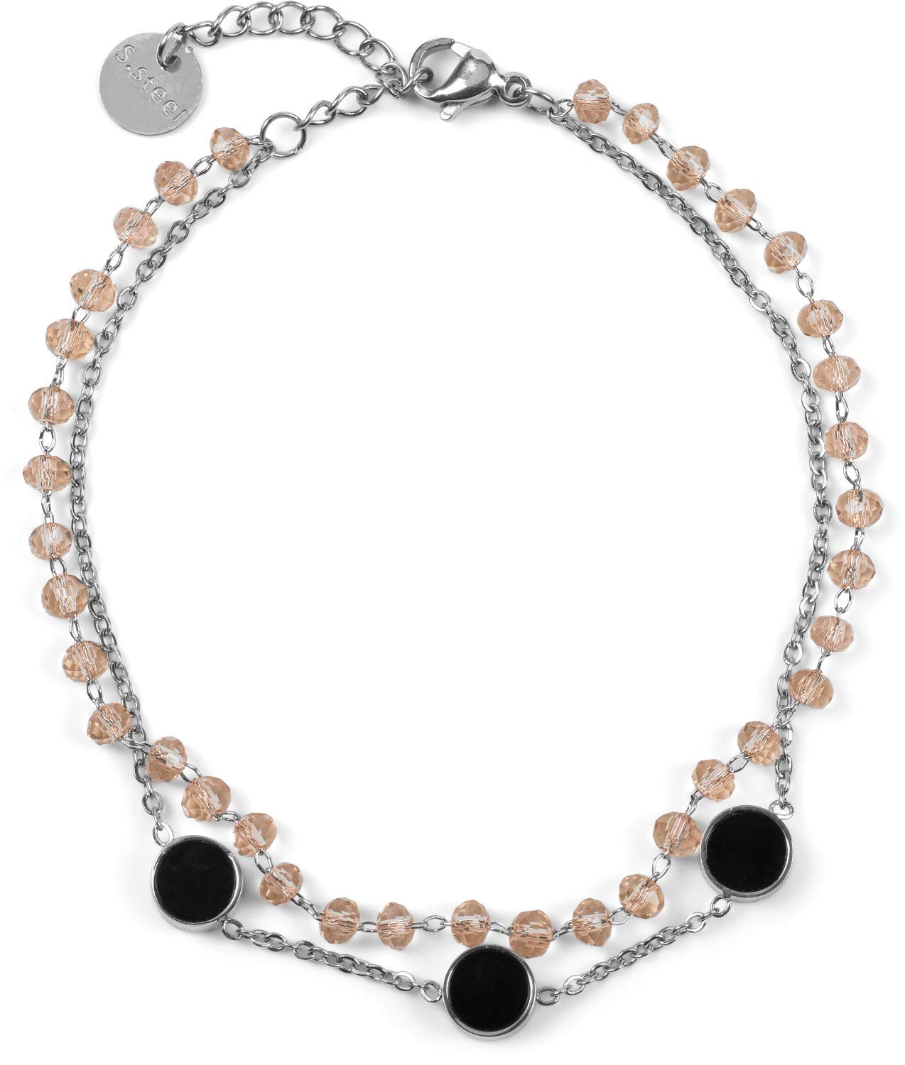 styleBREAKER Ladies Stainless Steel 2-Row Layer Bracelet with Plastic Beads and Round Pendants, Anchor Chain, Jewellery 05040186, Colour:Silver/Rose
