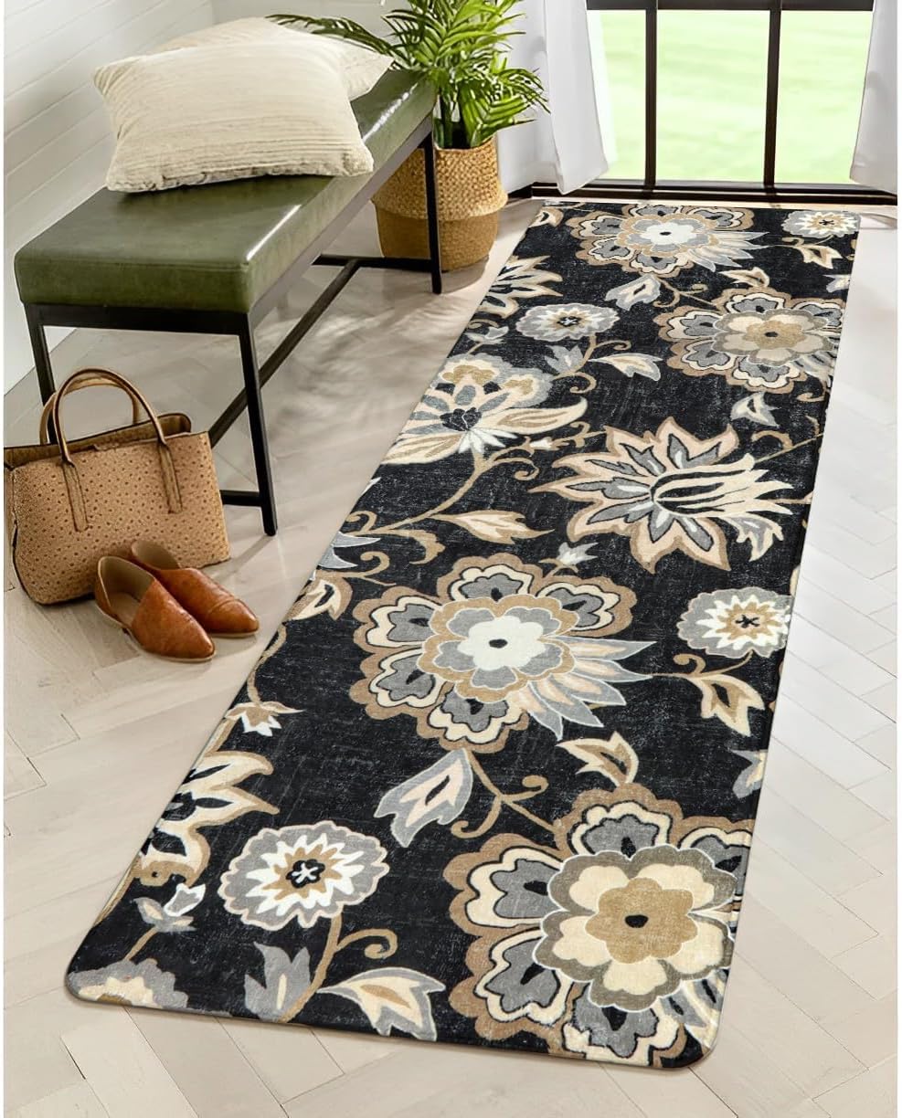 Rugs, Pads & Protectors - Lahome Floral Hallway Runner Rug - 2x6 Washable Non-Slip Carpet Runner, Throw Low-Pile Stain Resistant Laundry Room Rug Kitchen Runner Black Paisley Print Rug Runner for Bedroom Entryway Bathroom