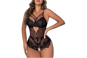 BORNIU Women Snap Crotch Lingerie Sexy Naughty Hollow Out Lace Bodysuit Slutty One Piece Teddy Babydoll Sleepwear