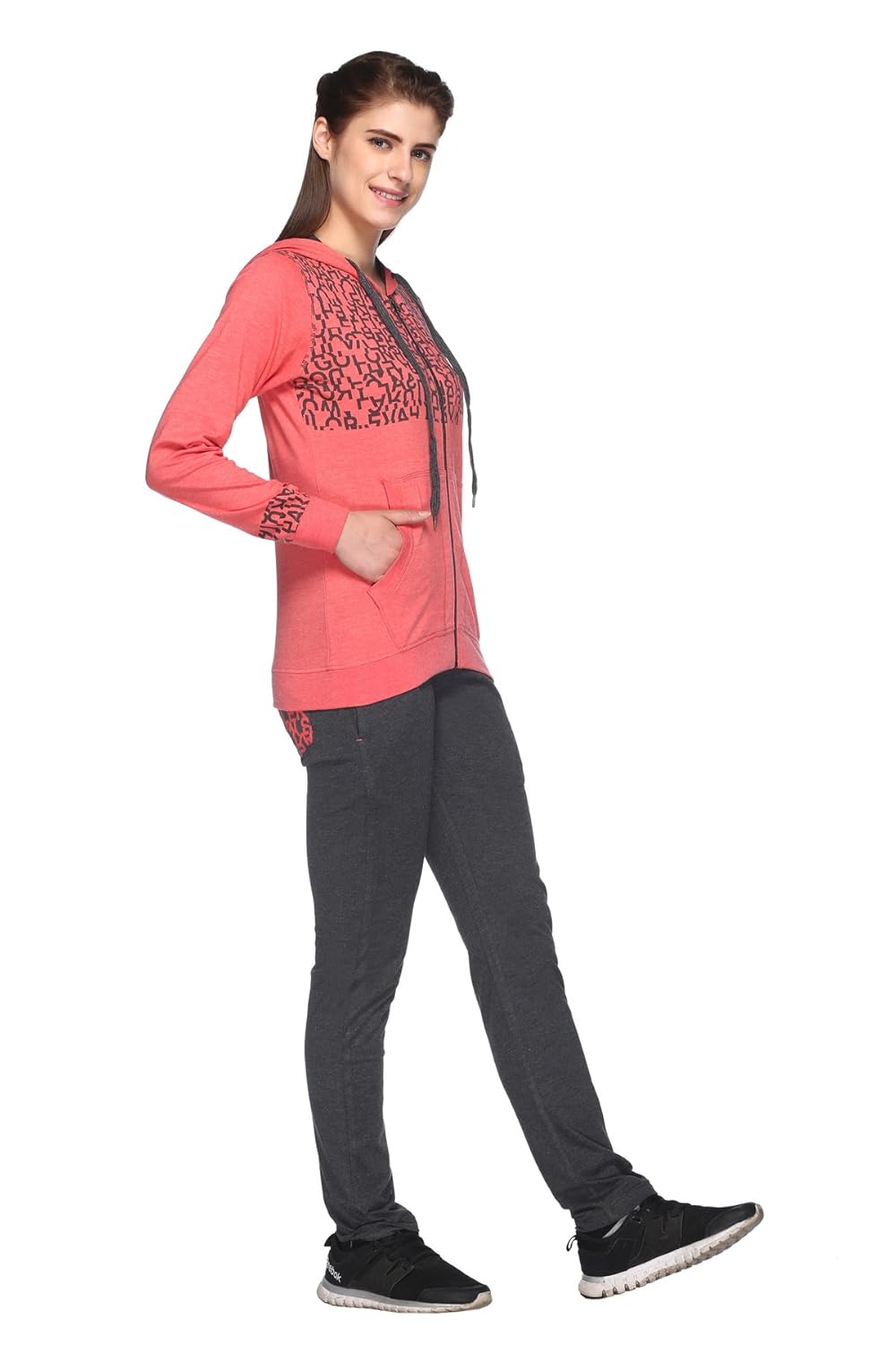 ex10sive women's front zipper cotton blended active wear set with hood