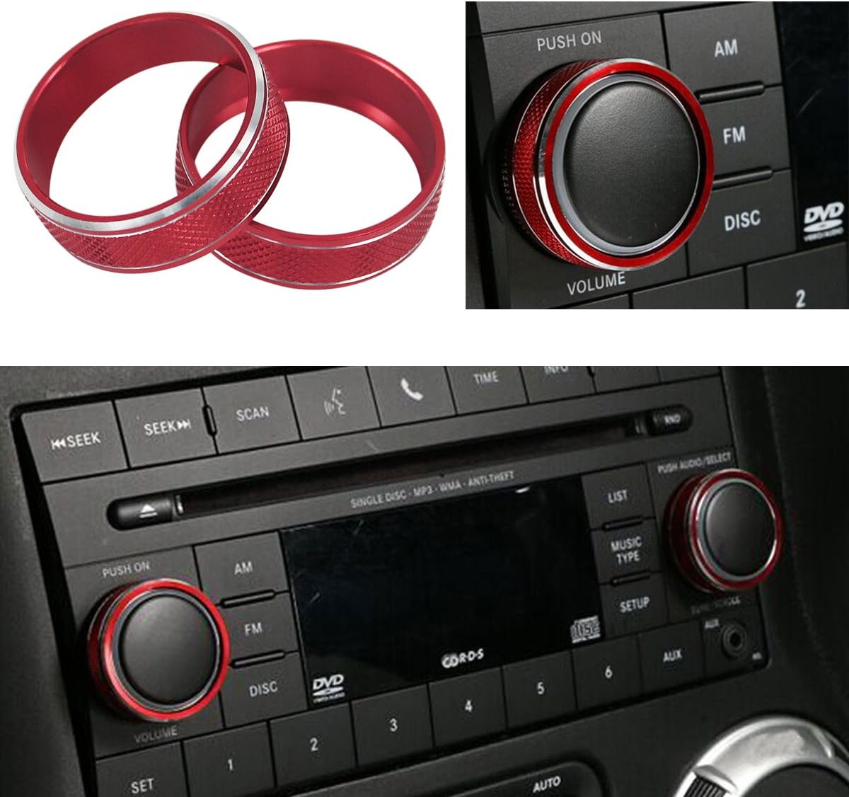 MOEBULB Interior Aluminum CD Knob Decorative Cover Twist Switch Ring Trim Compatible for Jeep Wrangler JK 2011-2016 (Red)