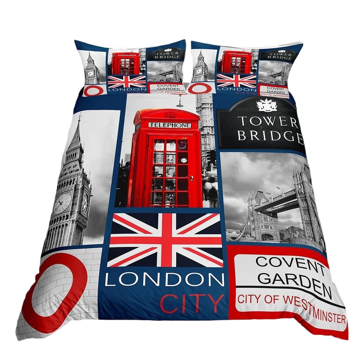 Homewish London Comforter Cover Romantic City Building Bedding Set for Teens Boys,Big Bent Duvet Cover United Super Kingdom Tower Bridge Bed Set Red Telephone Booth Union Jack Flag Bedroom Decor King