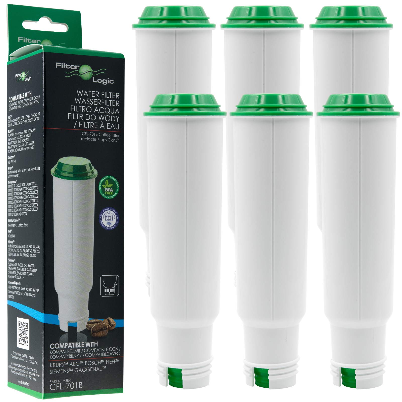 FilterLogic CFL-701B | 6X Water Filter Cartridge Compatible with Krups, Melitta, Nivona, Fully Automatic Coffee Machines - Replaces F088, Aqua Filter, NIRF-700, Pro Aqua Filter
